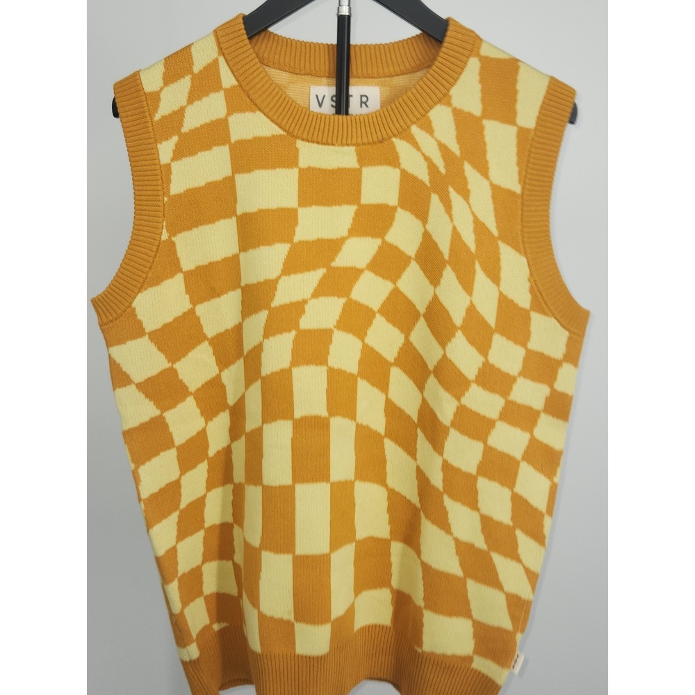 VSTR Premium Yellow Warped Checkerboard Sweater Vest Mens Medium Womens Large